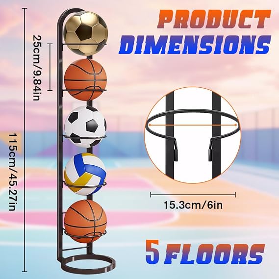 6 Tier Ball Storage Rack, Vertical Removable Football Stand, Multifunctional Sports Organizer Football Holder, Display Stand for Basketball Football Soccer Volleyball Outdoor Indoor