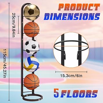 6 Tier Ball Storage Rack, Vertical Removable Football Stand, Multifunctional Sports Organizer Football Holder, Display Stand for Basketball Football Soccer Volleyball Outdoor Indoor