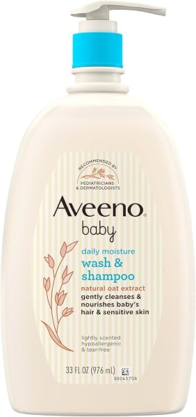 Aveeno Baby Daily Moisture Body Wash & Shampoo with Oat Extract, Hypoallergenic, Tear-Free, No Added Parabens, pH-Balanced Formula For Sensitive Hair & Skin, Baby Essentials, 33 fl oz - 1