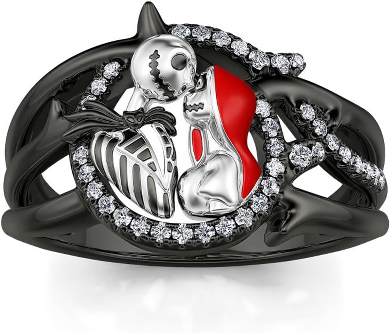 Jeulia Gothic Skull Diamond Rings: Sterling Silver Jack and Sally Skeleton Rings Band Halloween Romantic Nightmare Jewelry for Her Engagement Anniversary Christmas with Gifts Box