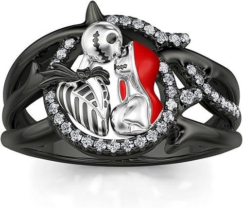 Jeulia Anillos de diamantes de calavera gótica anillos de plata de ley con esqueleto de Jack y Sally para Halloween, joyería romántica de pesadilla