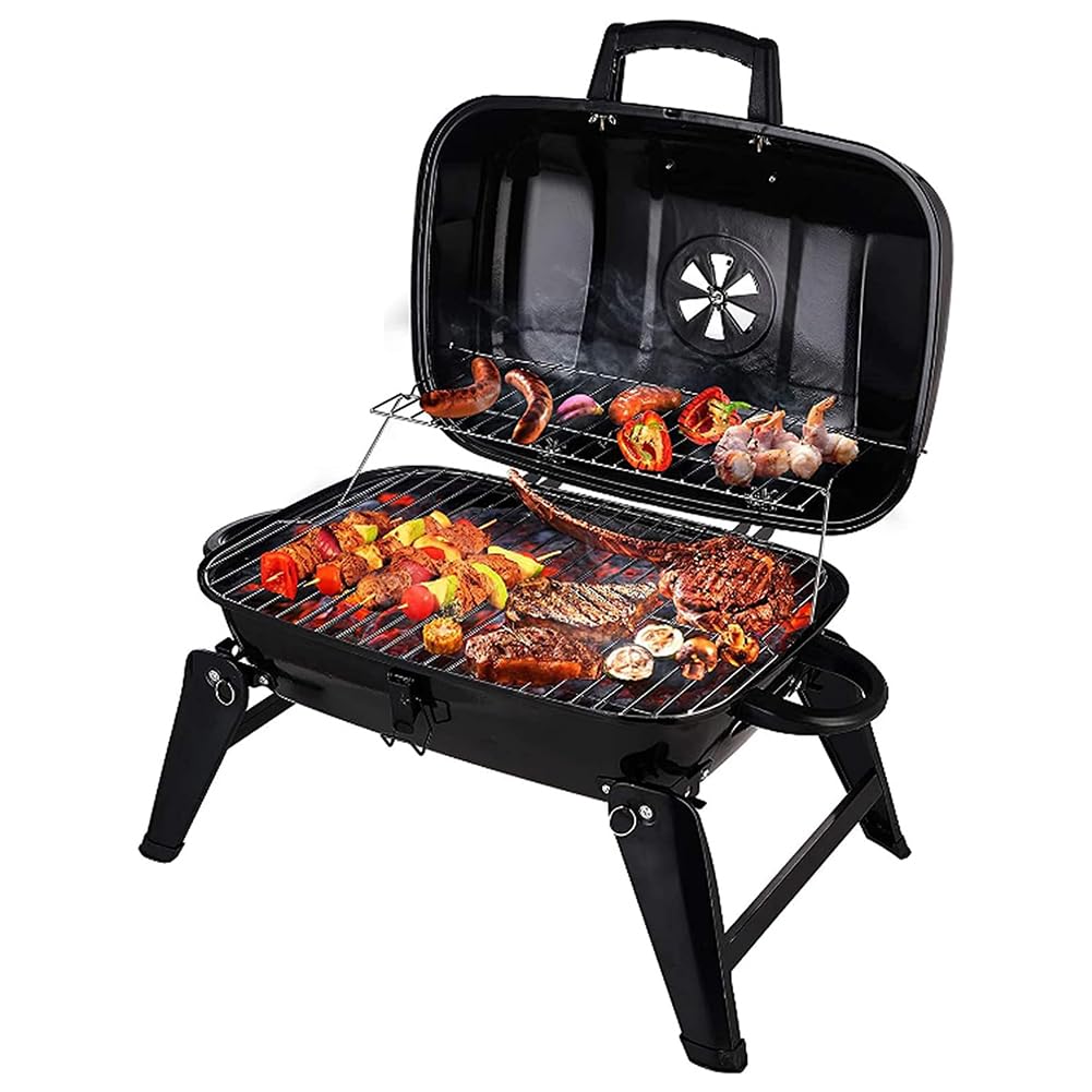 Parrilla de carbón portátil plegable con tapa y ventilación, diseño compacto para jardín, patio, camping, cocina al aire libre, color negro