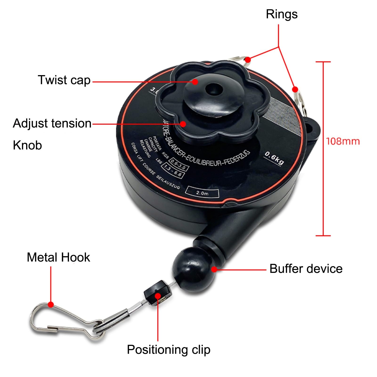 Équilibreur à ressort, support d'outil rétractable Équilibreur d'outils de 2 m de long avec crochet et câble métallique Équilibreur réglable Rétracteur Suspension Tenant l'équipement Noir pour les lig