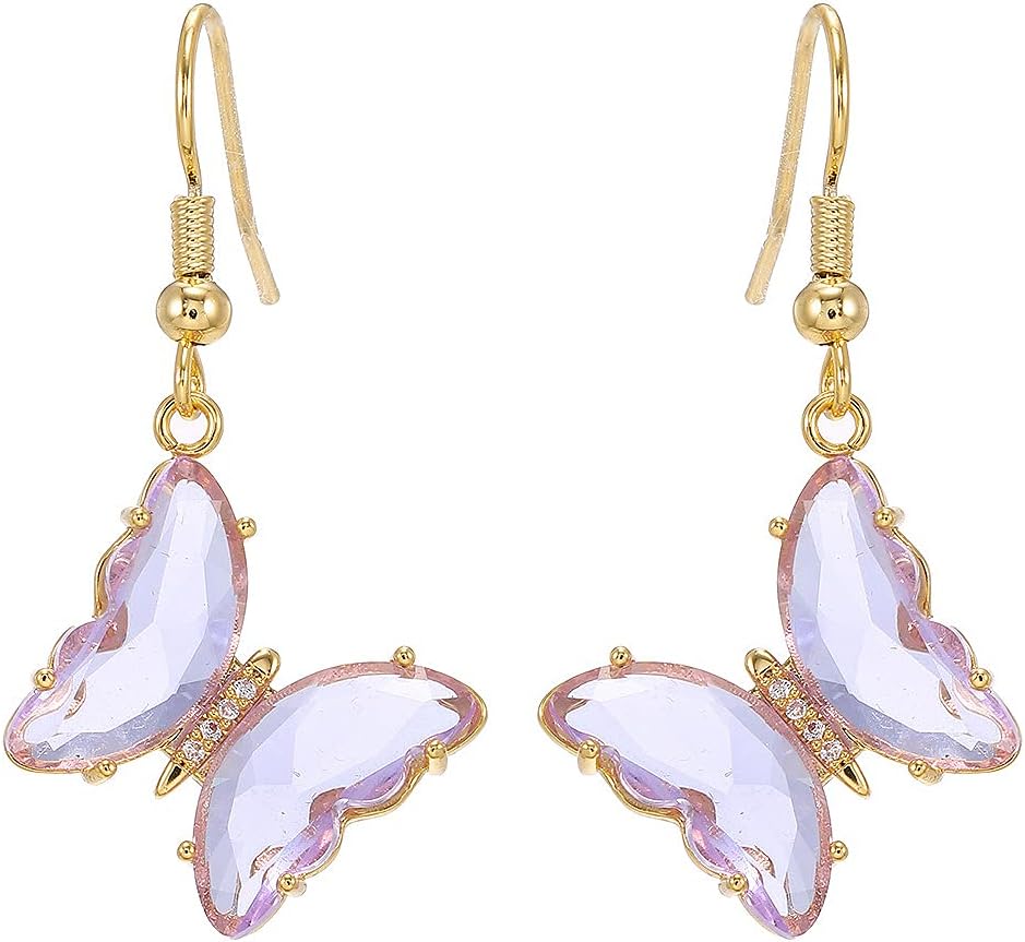 CZ Butterfly Glass Drop Dangle Earrings for Women Teen Girls 925 Sterling Silver Post Pin Cubic Zirconia Gold-Toned Cute Charms Dangling Stud Earring Dainty Christmas Halloween Theme Party Jewelry