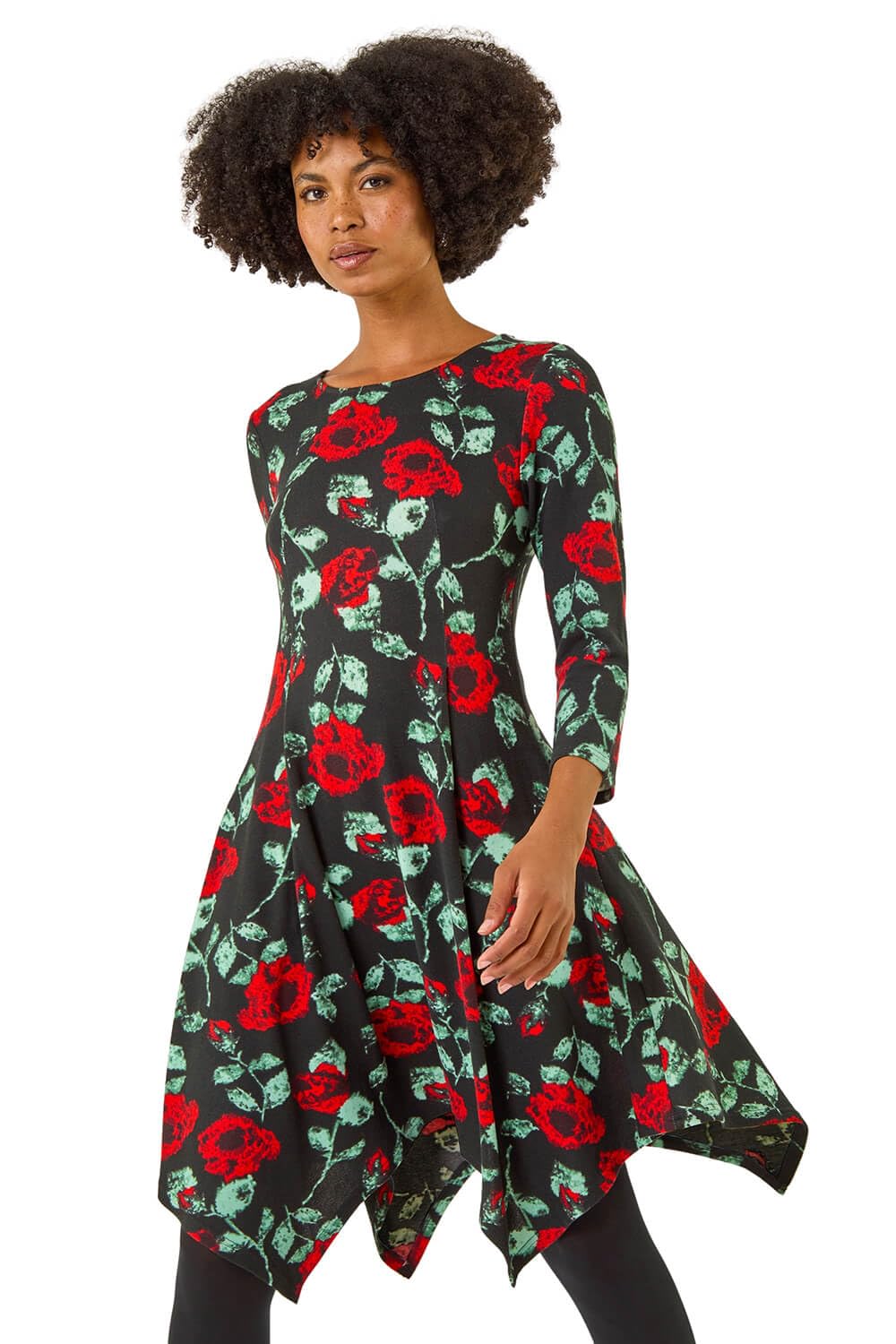 Roman Hanky Hem Swing Dress with Pockets for Women UK Ladies Asymmetric Hemline Stretch Jersey 3/4 Sleeve Winter Smart Casual Work Office Knee Length Tunics - Black Rose - Size 20