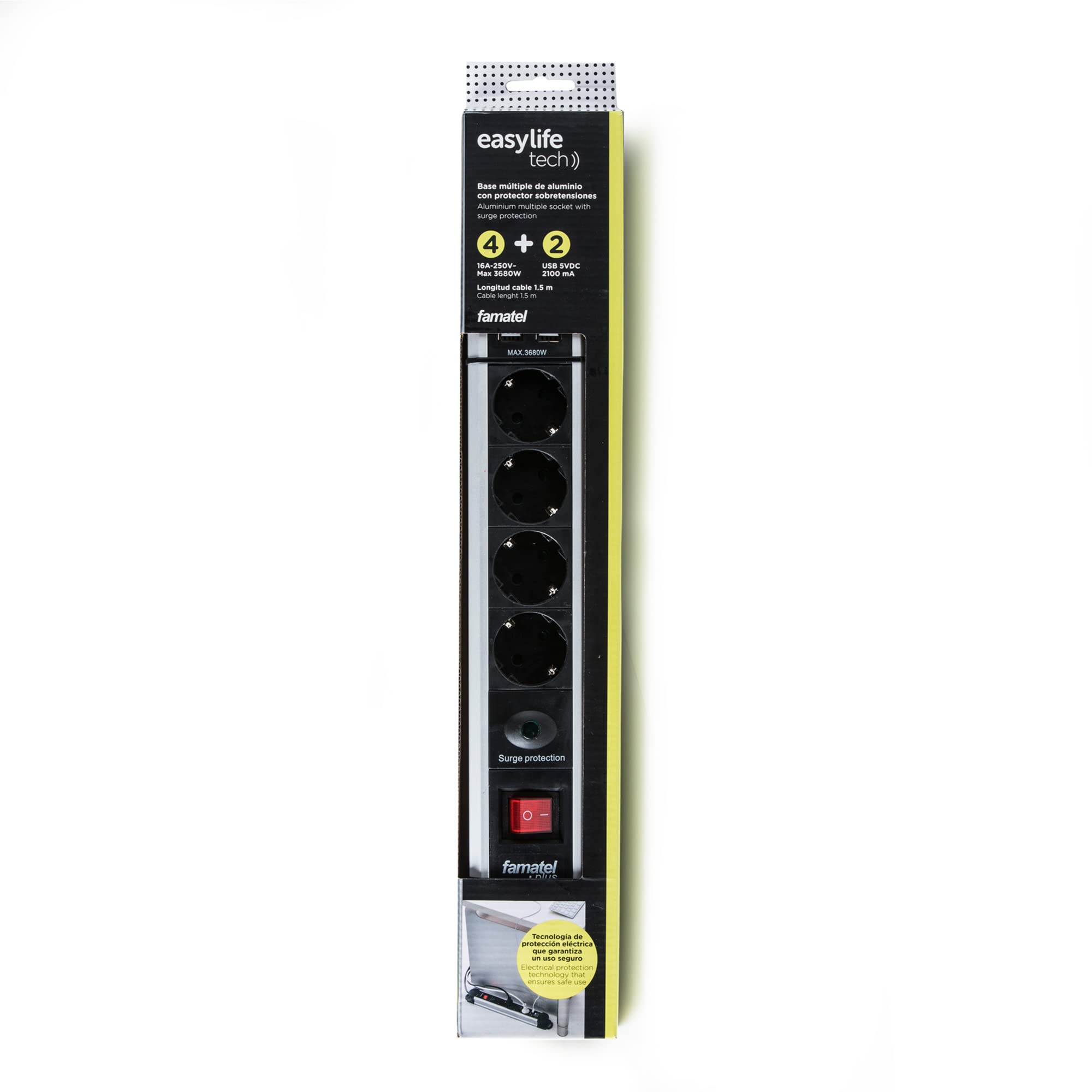 FAMATEL-22006 Socle Int. 6 Prises Parasurtenseur Câble USB 2