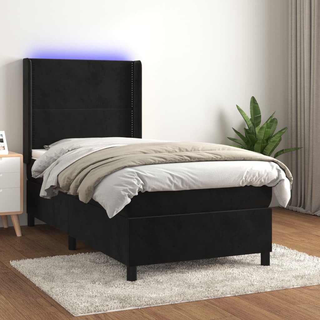 aksamitna tapicerka z regulowanym zagłówkiem LED 90x190 cm czarny | Lóżko kontynentalne 90x190 cm z materacem kieszeniowym LED czarny aksamit z regulowanym zagłówkiem do sypialni