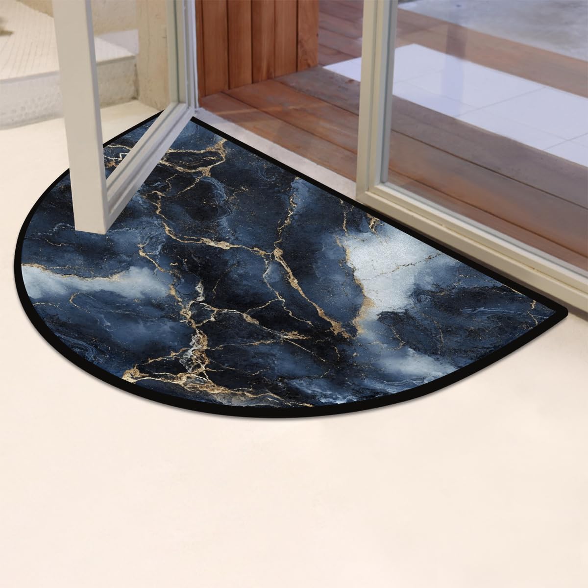 Half Round Door Mat Navy Blue Marble Abstract Non Slip Washable Semi Circle Area Rug Absorbent Soft Half Moon Rug Floor Mat for Indoor Outdoor Kitchen Bathroom Patio Front Door Mat Decor