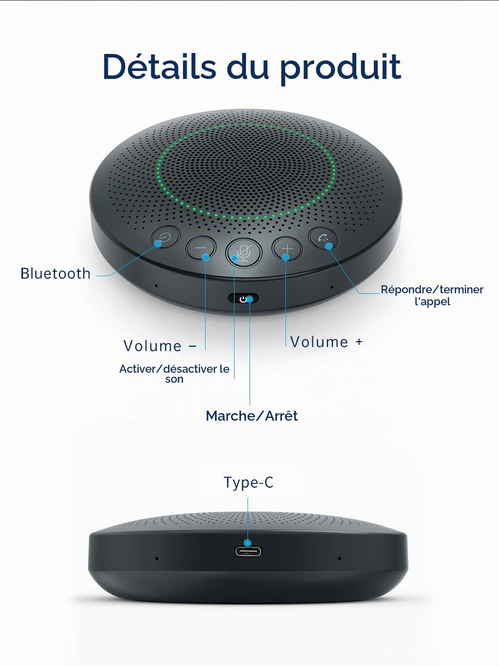 BluePod Haut-Parleur et Microphone de conférence sans Fil, Bluetooth et USB, Fonction VoiceLoc et VoiceCap avec 6 Microphones omnidirectionnel, pour Salle de réunion ou Poste de télétravail