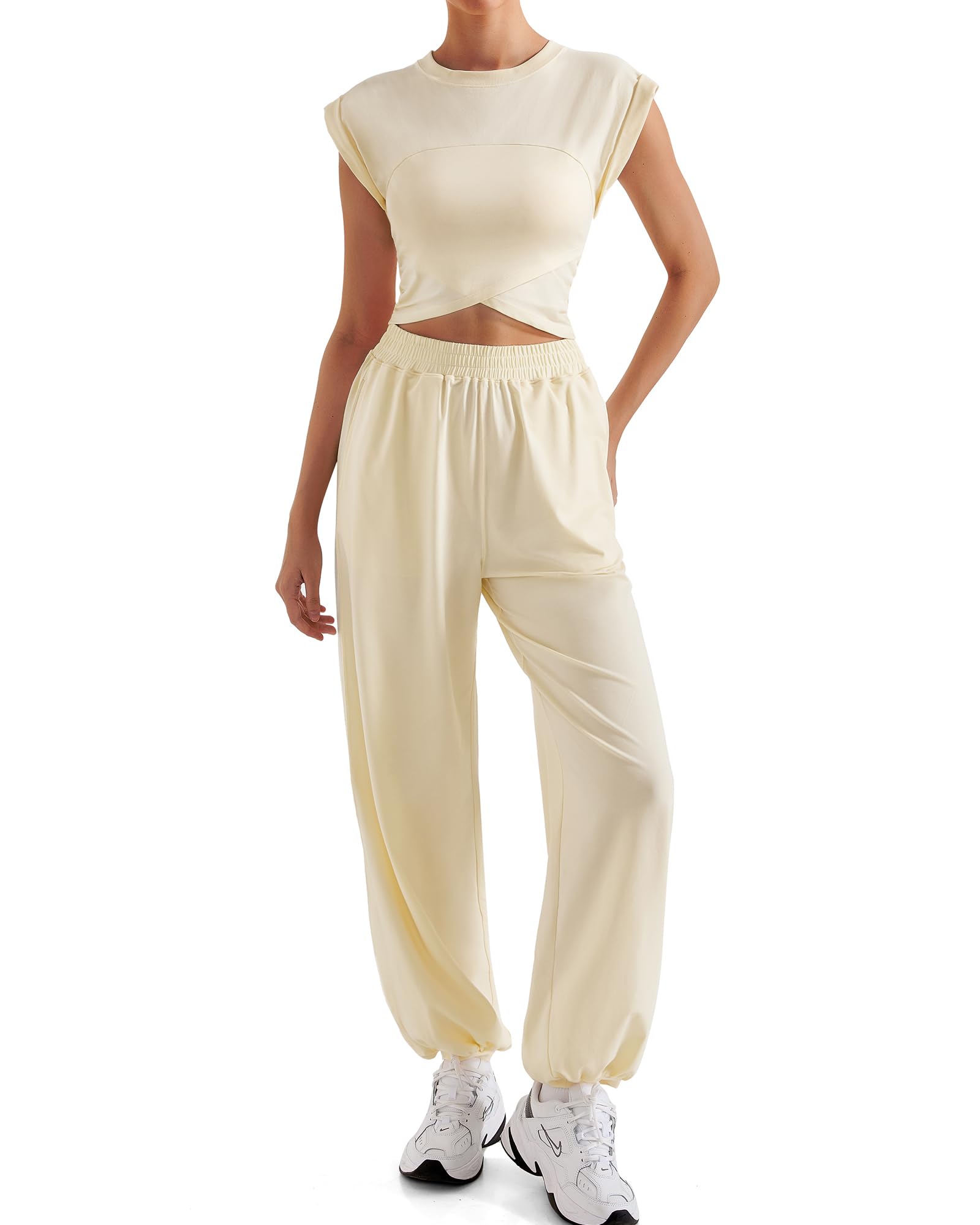 SUUKSESS Women 2 Piece Matching Lounge Workout Sets Outfits Sleeveless Cropped Tops Summer High Waisted Wide Leg Pants