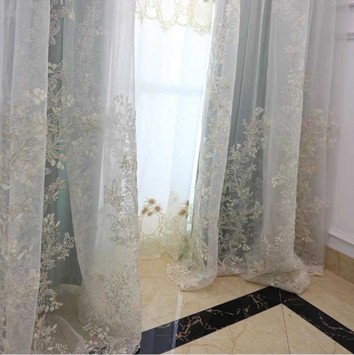 Français Romantique De Luxe Chambre Fenêtre Tulle Rideaux Rideaux pour Salon Exquis Broderie Sheer Rideaux De Mariage Drapés-1 Panneau De Tulle, 1 PCS W200 X H240cm,Multifonction