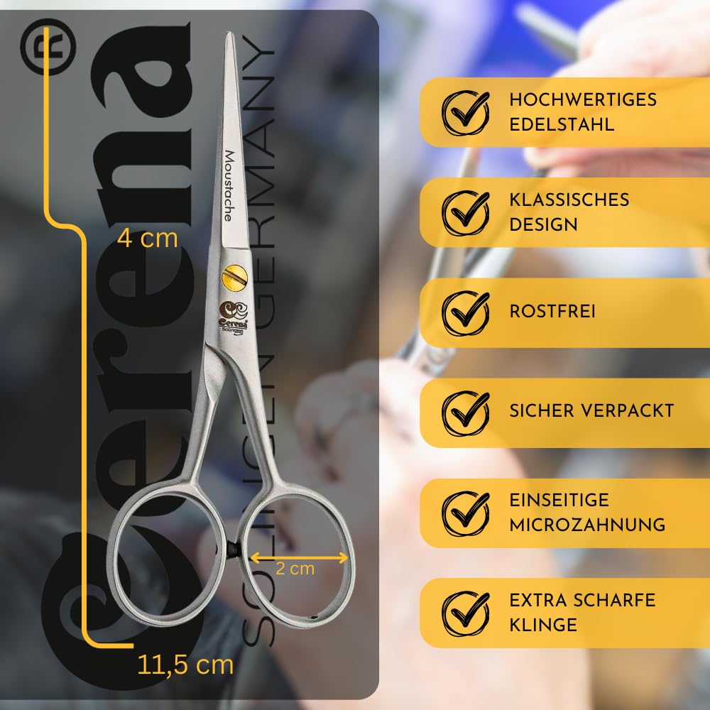 Cerena Bartschere Moustache 4,5" (11,5 cm) – Professionelle Bartpflege für Herren – Nasenhaarschere, Friseurschere aus Edelstahl – Made in Germany