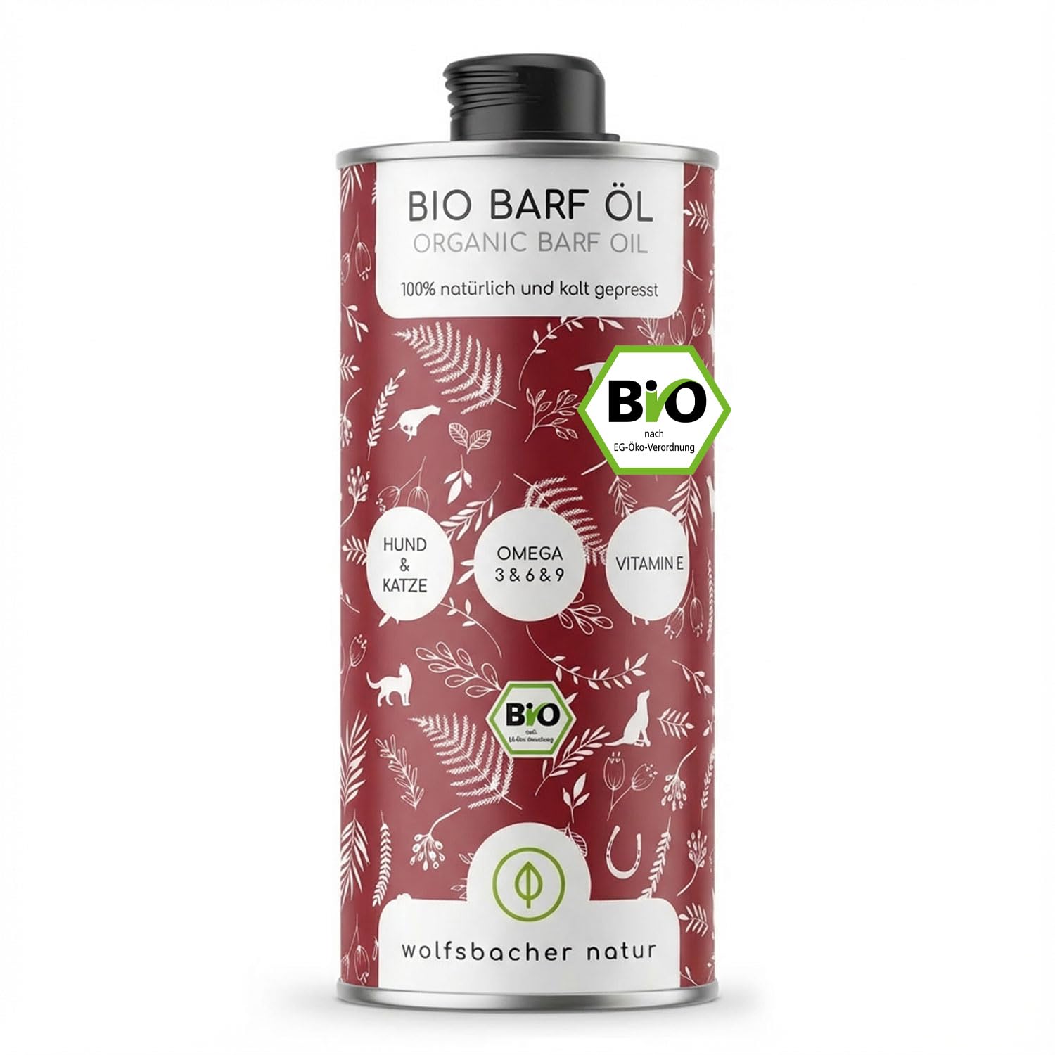 Futteröl für Hunde 1 Liter – 100% Bio Barföl - Natürlich und Vegan - Aus Leinöl, Nachtkerzenöl, Olivenöl, Kürbiskernöl, Chiaöl - Mit Omega 3-6-9, DE-ÖKO-060