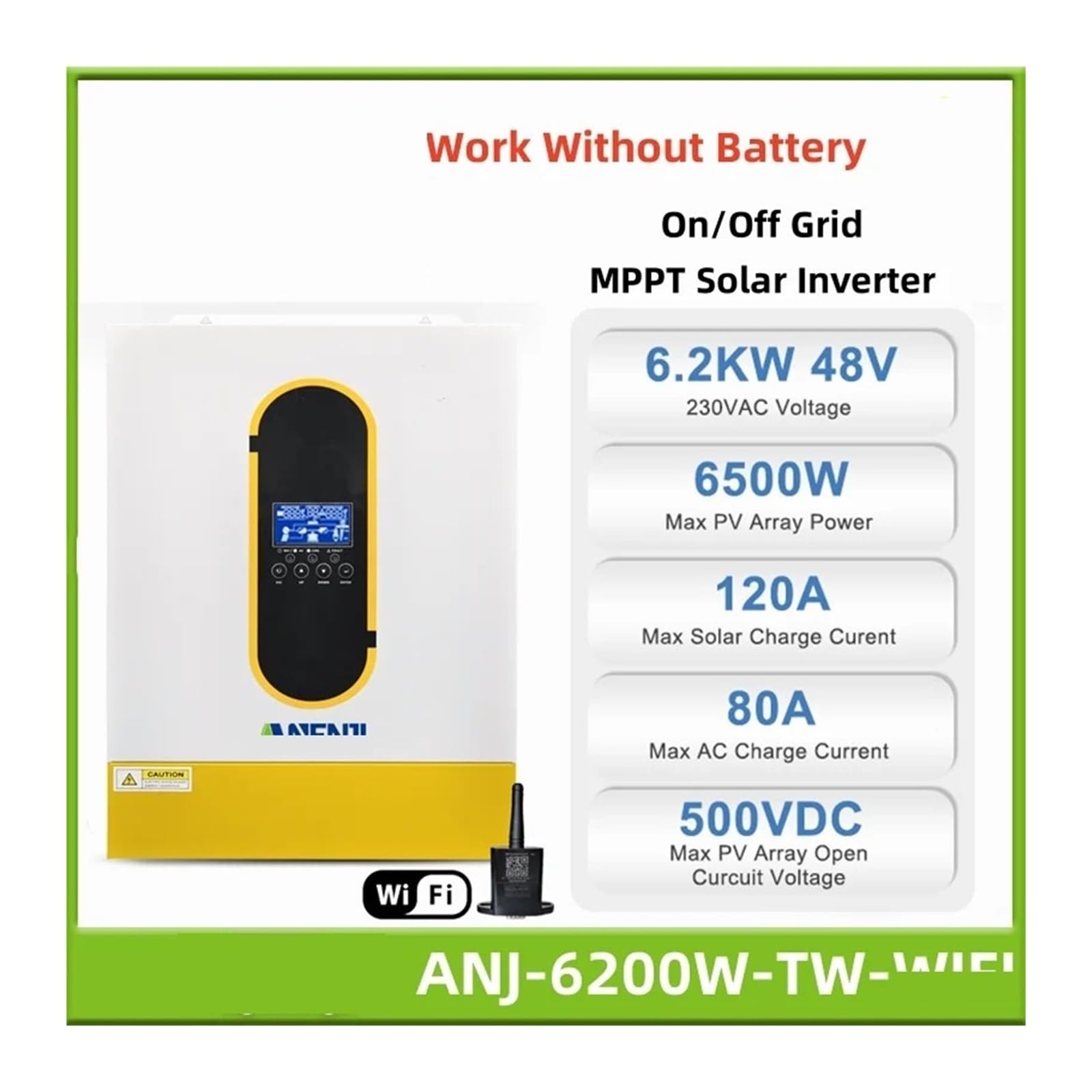 Onduleur Solaire Hybride 6,2 KW, 4,2 KW, 48V, 24V, Hors réseau, 230vac, Double Sortie, MPPT, 120a, Chargeur Solaire for Panneau Solaire PV 60-500V(6.2KW 48V,NO WI-FI_220-240V)
