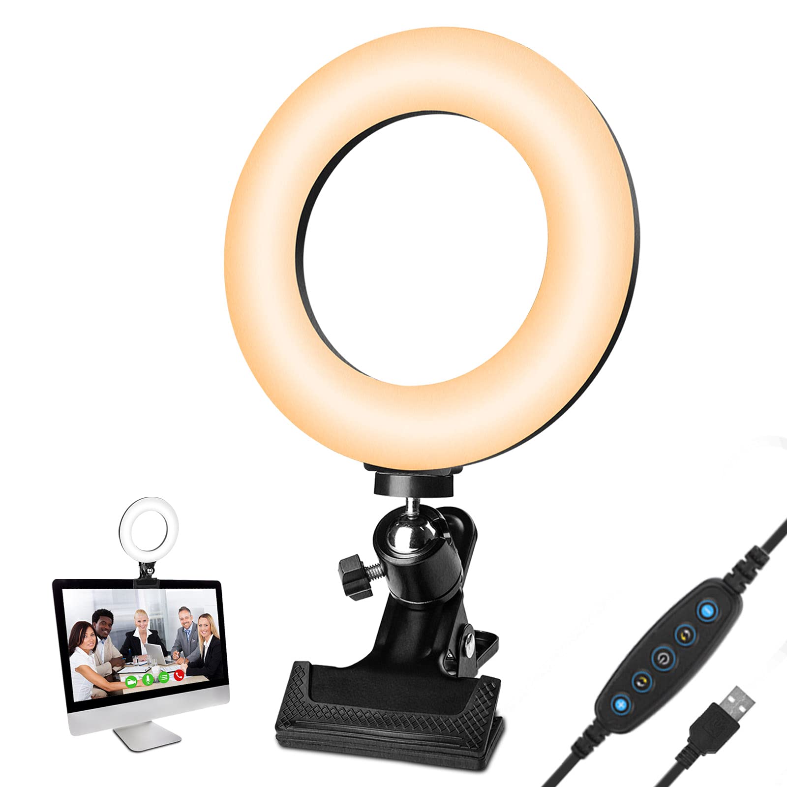 Video Conference Lighting - 6.3" Clip-On Computer & Laptop Monitor Light for Zoom, Remote Working, Live Stream - Small Desk LED Ring Light Kit Dimmable 3200K-6500K