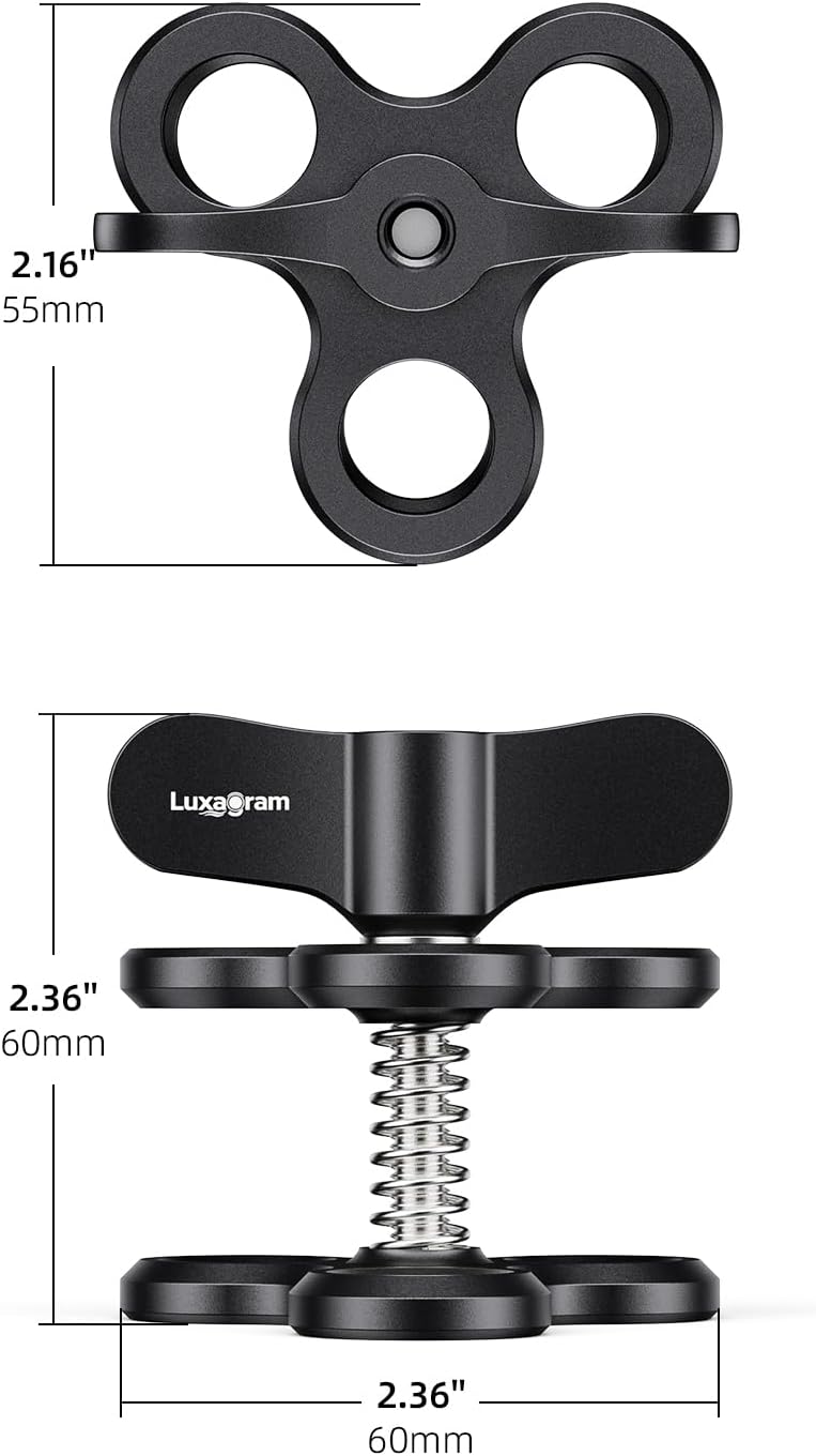 Luxagram Tri-Port Ball Clamp for Underwater Photography, Professional Aluminum Butterfly Clamp with Ergonomic Resin Handles for Camera Tray & Lighting Arm Systems