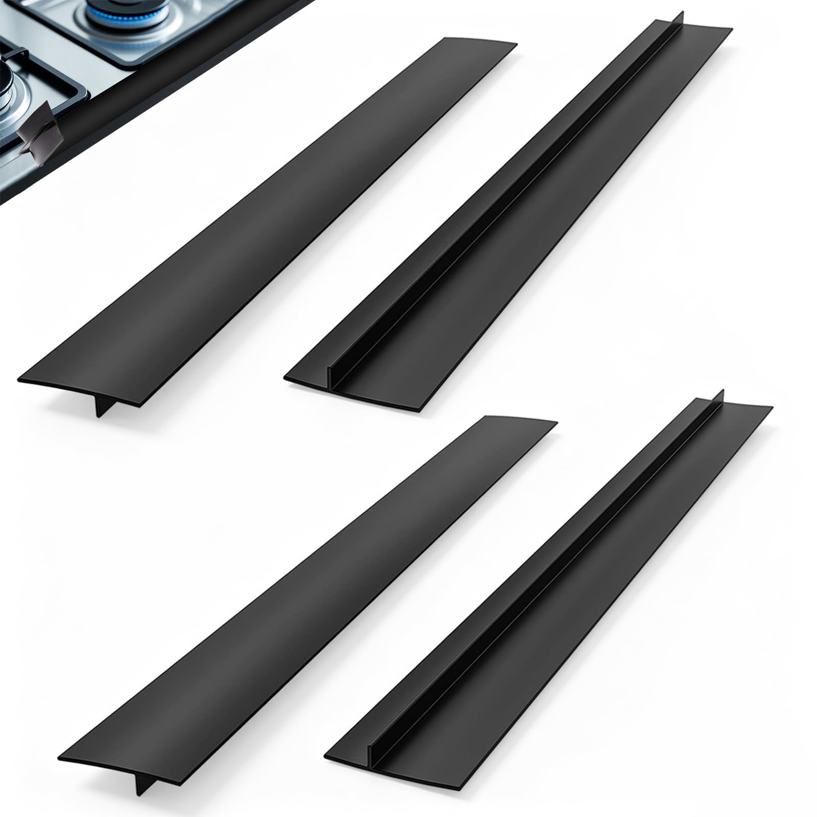 4 Pcs Silicone Stove Gap Filler 25 Inch Black, Heat Resistant Cooker Gap Filler Worktop Joining Strip for Kitchen Countertop Dishwasher Cooker Oven