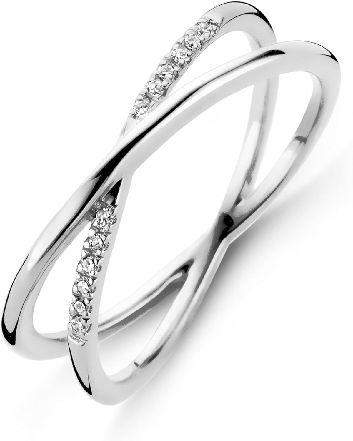 Diamond Crossover Ring | Criss Cross Rings For Women | Natural Good-Cut White 12pc Round Diamonds | Rhodium Plated | 925 Sterling Silver Diamond Band