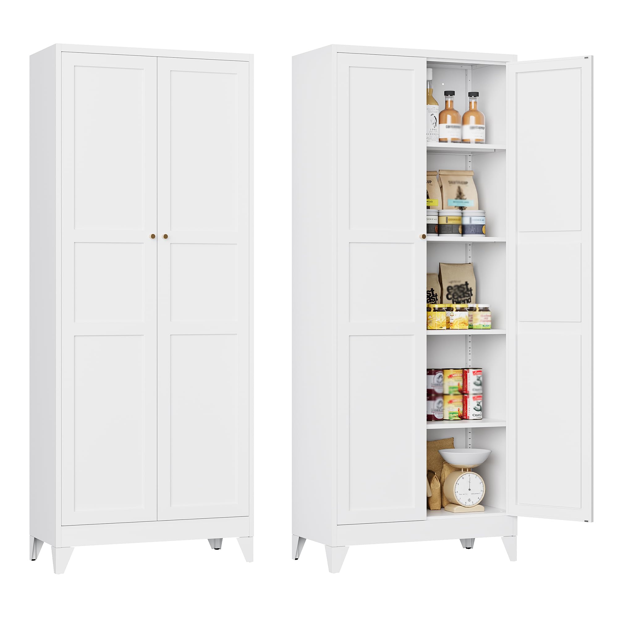 - Metal Storage Cabinet with 2 Doors and 4 Shelves,White Kitchen Pantry Cabinet 75" H, Large Cupboard for Kitchen, Dining Room