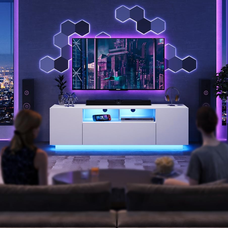 Four panels showing features of the TV stand: 20 color combinations for LED lights, large storage space inside cabinets, soft-close cabinet doors, and cable holes for wire management.