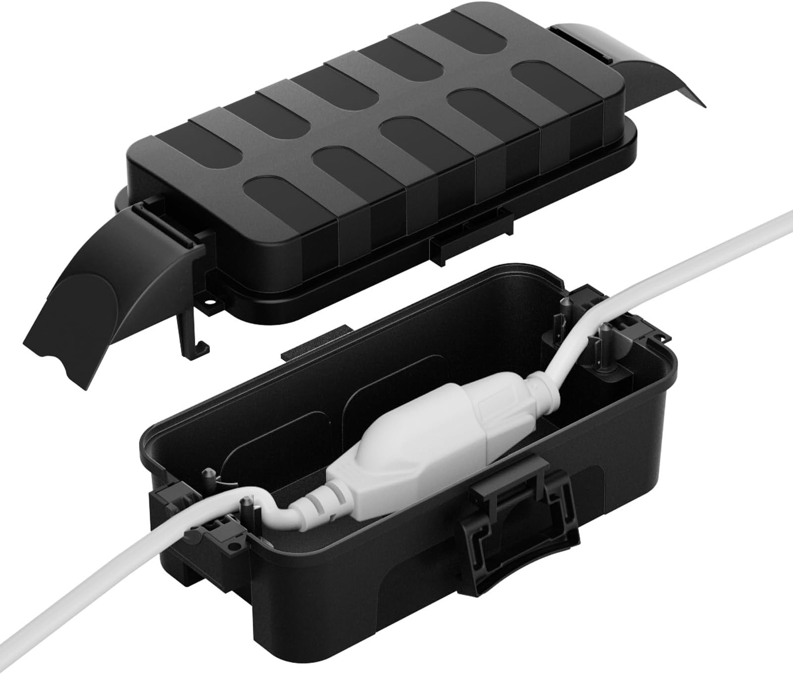 Flemoon IP55 Small Outdoor Electrical Box Waterproof (Inner 5.9 x 3.2 x 1.8inch), Extension Cord Cover with Detachable Awning Covers for Plug, Outlet, Holiday Lights, Black