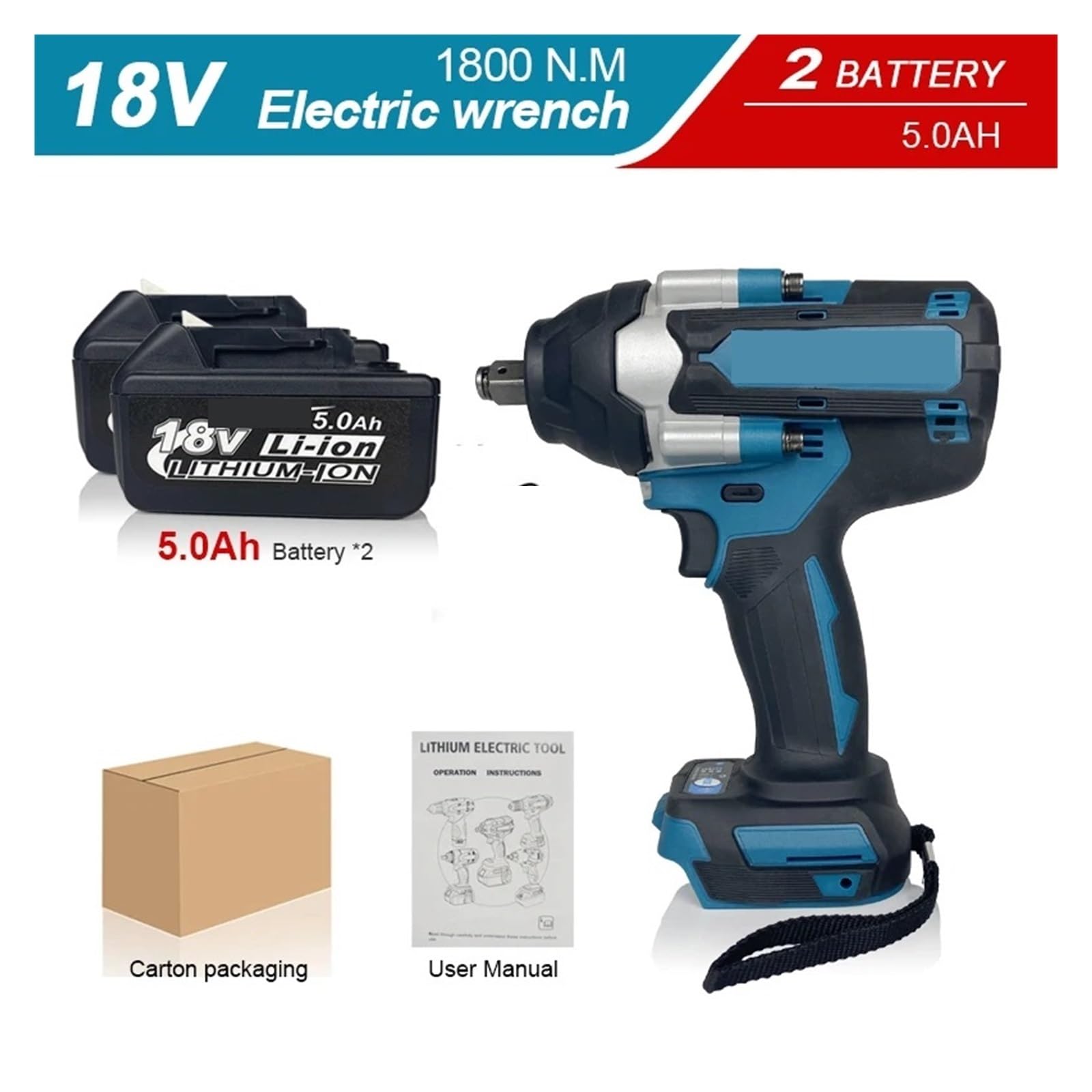 Wkrętarka Udarowa 1800N.M Bezszczotkowy Elektryczny Klucz Udarowy Z Akumulatorem 588VF 1/2" Klucz Akumulatorowy Elektronarzędzie Do Akumulatora 18V(2 Battery Blue A)