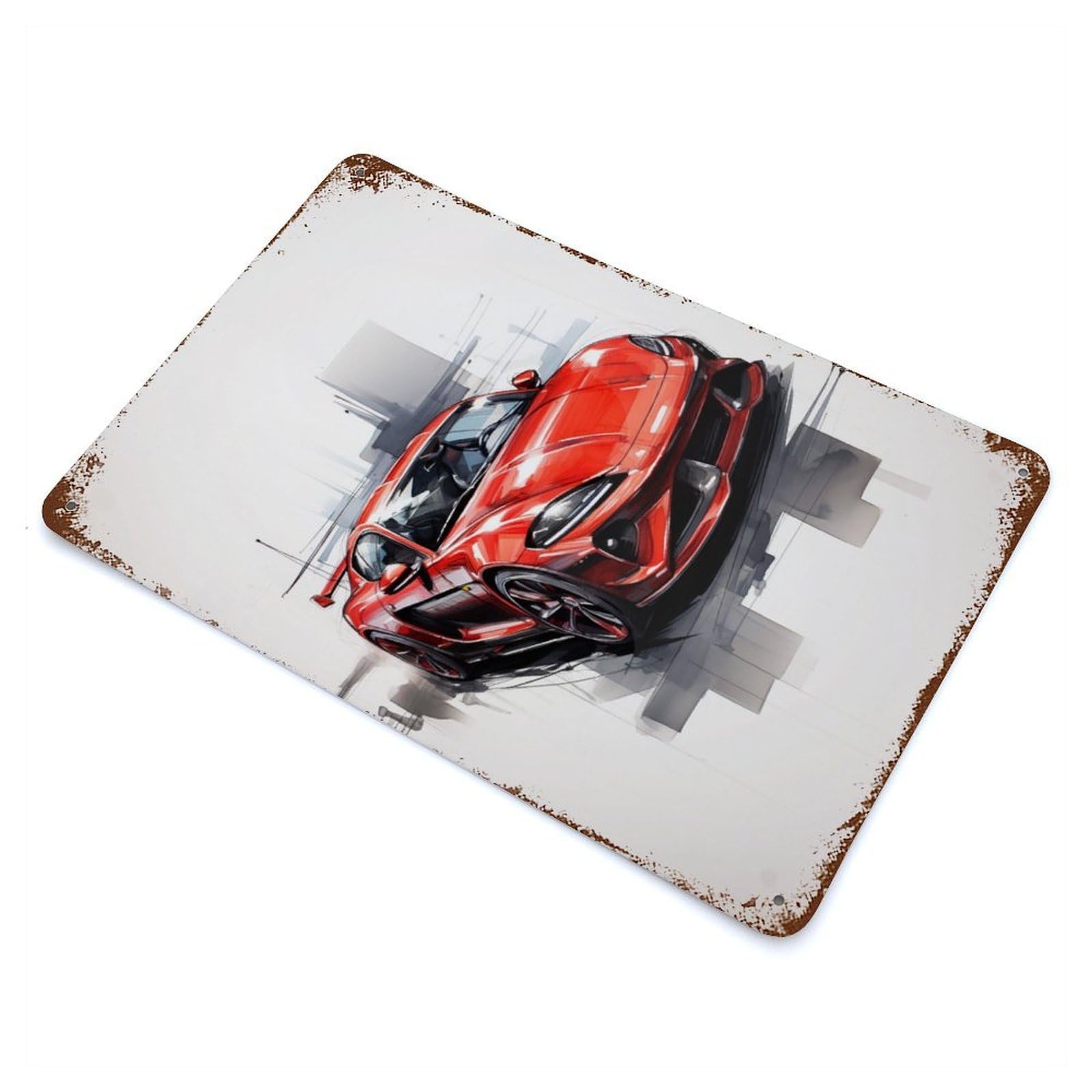 Distressed Metal Wall Sign with Electrifying Red Car Design 11.8"x7.9", for Office, Studio And Wall Decor, Industrial Home Decor