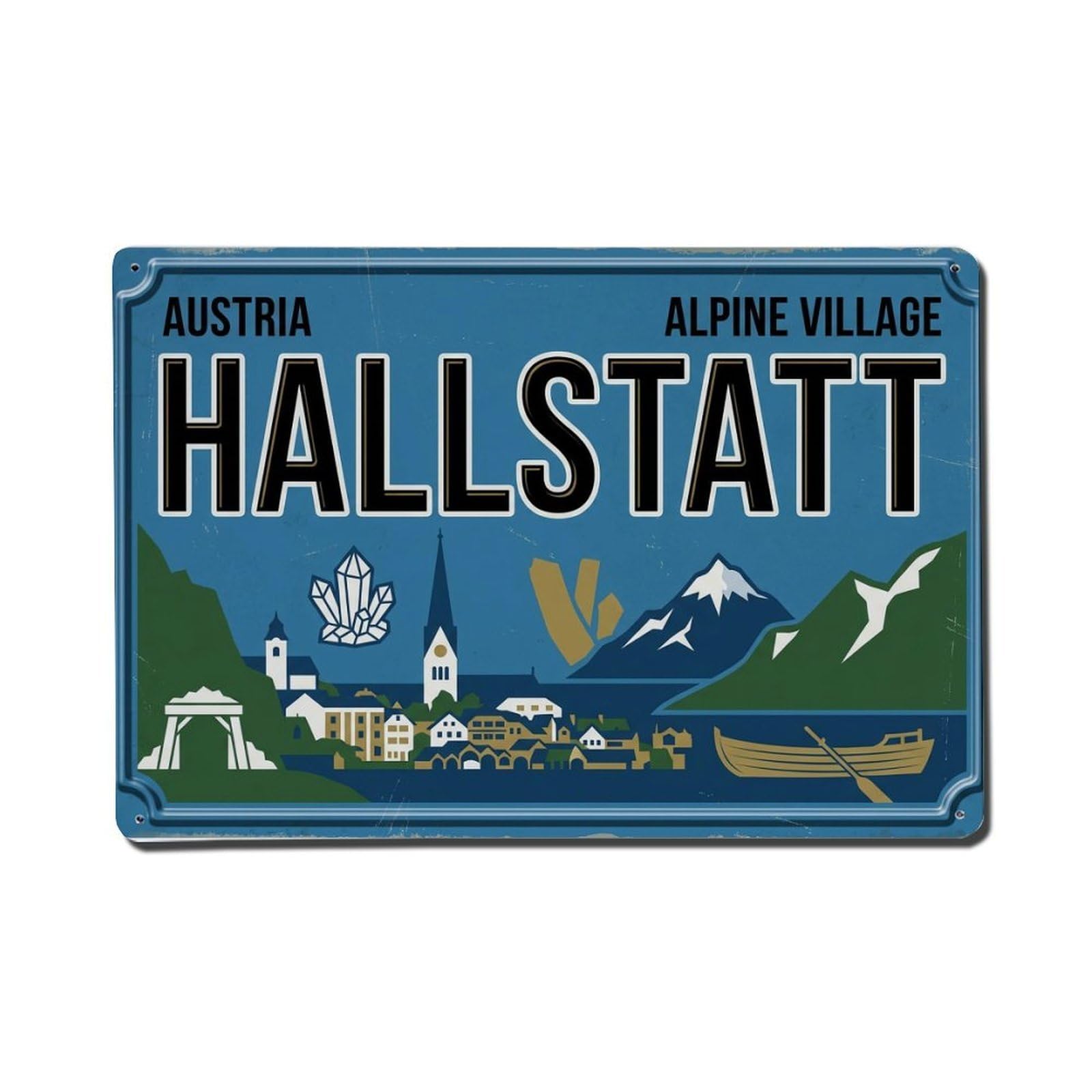 Xanthor Style Vintage Travel Hallstatt Austria Lake Village Metal Tin Sign