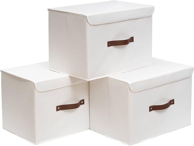 OUTBROS Large Collapsible Storage Box with Lid, Linen Fabric Clothing Shelf Basket Bins Toy Box For Towels, Books, Clothes 17.7 x 11.8 x 11.8 inch (White, 3-Pack)