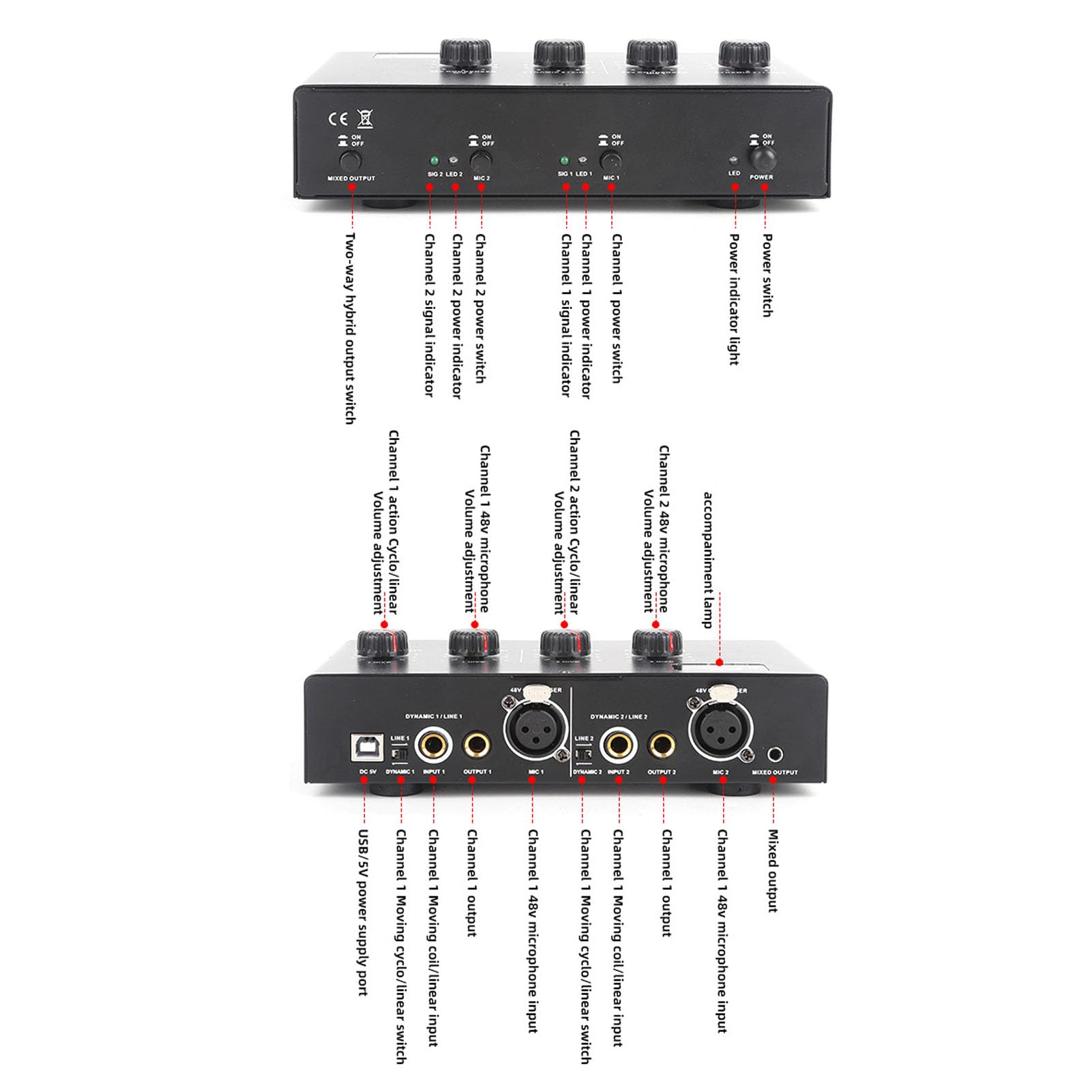 Zerodis Amplificatore Microfonico a 2 Canali, Dispositivo Alimentato CC Ad Alta stabilità per Microfoni Dinamici e a Condensatore, Supporta Alimentazione Phantom 48V e Doppi Ingressi per Musicisti e