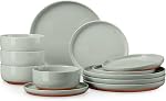 E-far 12-Piece Ensembles de diners, assiettes et bols en grès 4, Ensemble de vaisselle en céramique avec base en terre cuite, chip & Résistant aux rayures, micro-ondes & Lave-vaisselle Coffre-fort, Vert moucheté