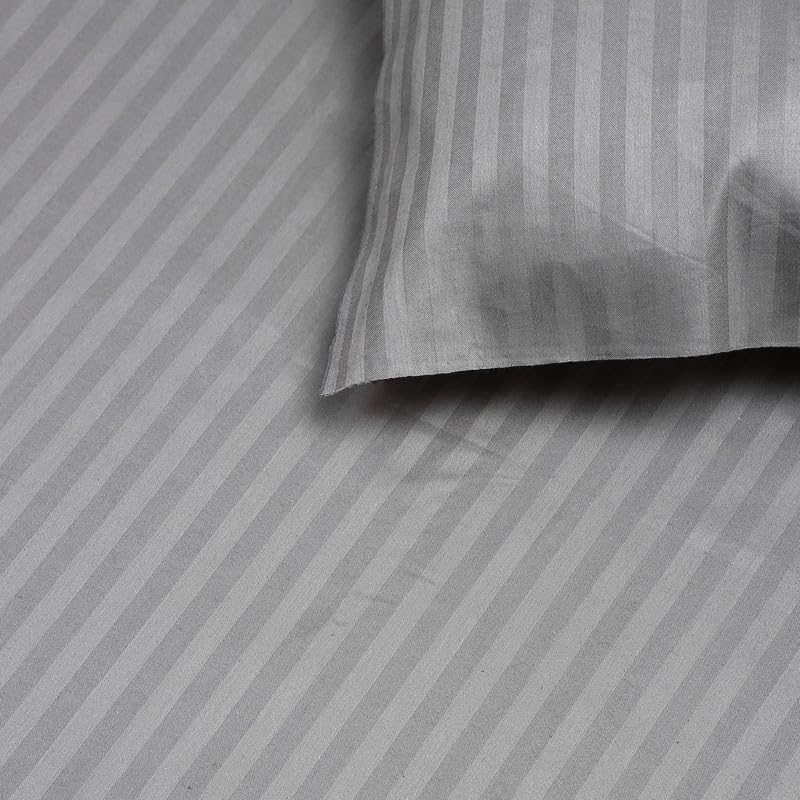 Image of Naksh Japandi Vibes Collection Elastic Fitted Bedsheets King Size 78 x 72 Inch, 210 TC Stripes Pure Cotton, Grey | 1 King Size Bedsheet with Elastic Fitted and 2 Pillow Covers