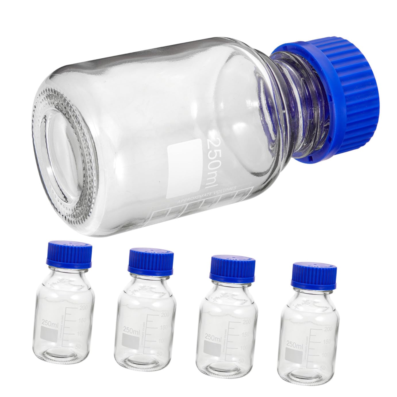 Bottiglie Reagente in Vetro con Tappo a Vite Blu 250ml Set 4 Pezzi Leggere con Buona Tenuta per Laboratorio e Industria Chimica