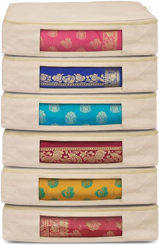 Cotton Canvas Clothes Storage Bags/Saree Covers with Zip for Storage Specially Design for Woman Dresses, Sarees, Lehengas for Wardrobe Organizer (16 x 13 x 3 Inch) Pack of 6