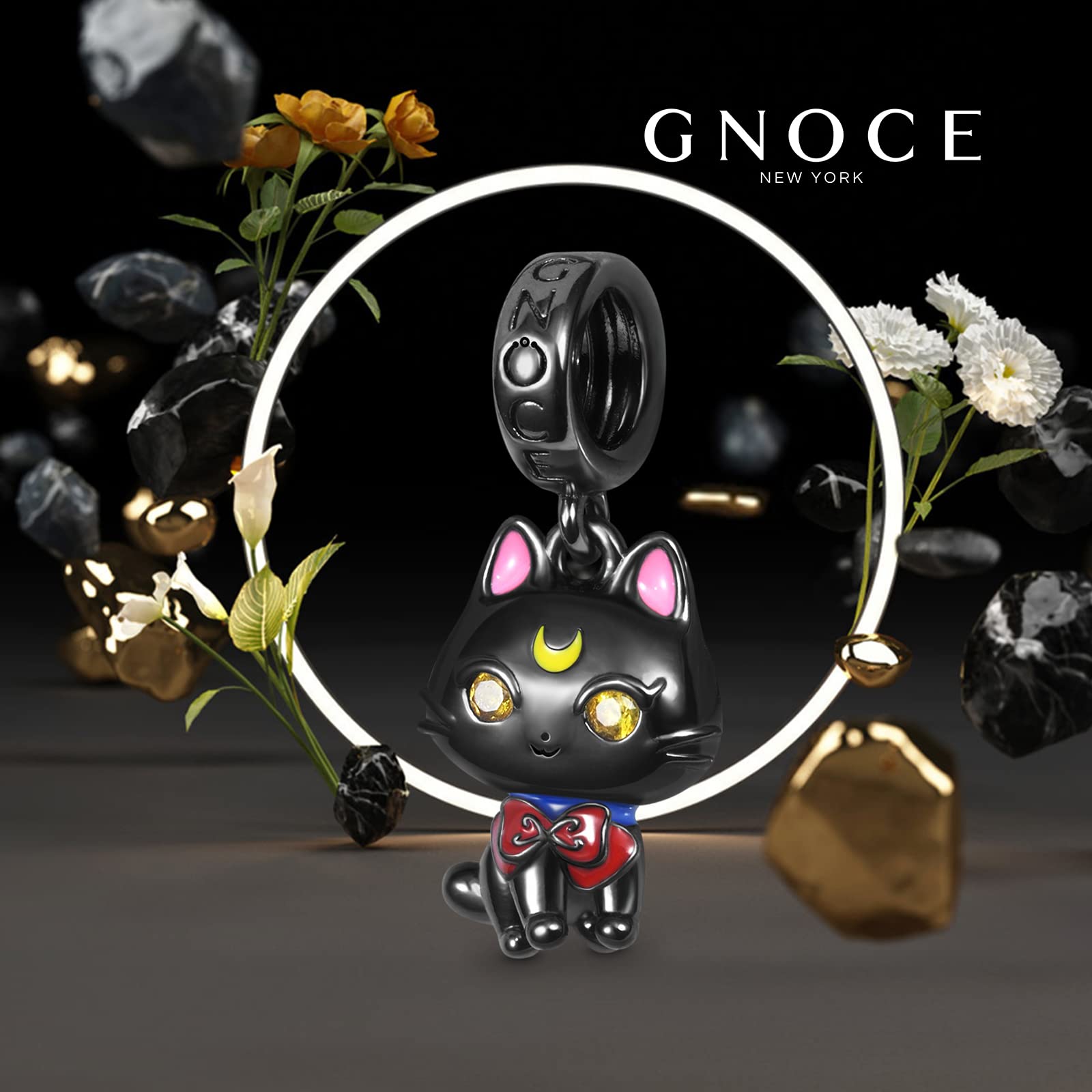 GNOCE Sweet Black Cat Charms 925 Sterling Silver Nero Placcato Ciondolo Ciondola Perline per Braccialetto di Fascino/Collana Gioielli Regalo Per Le Donne Ragazze Figlia
