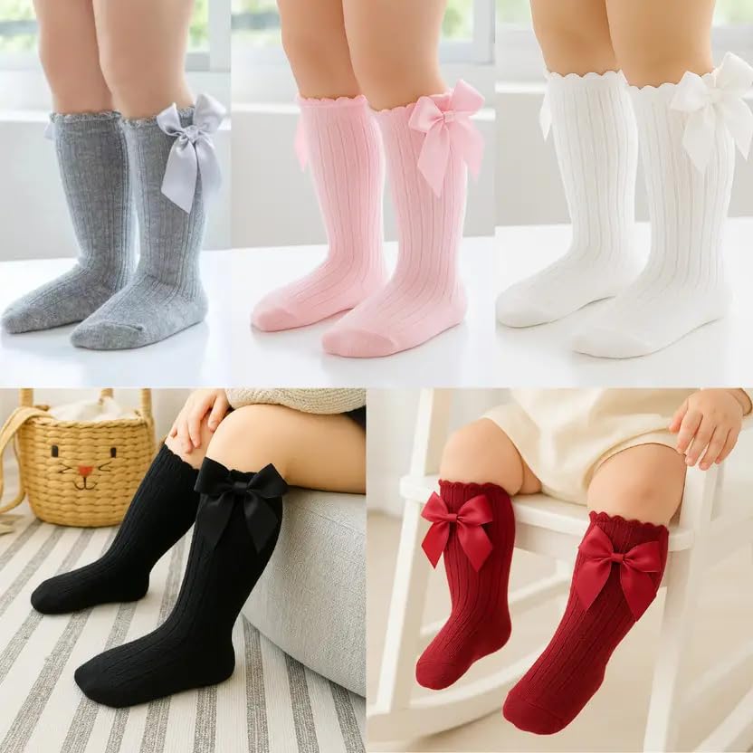 Lyonardo Baby Girl Cotton Knee HIGH Socks with Bows | Soft, Comfortable & Breathable, Photoshoot, Birthday, Casual Outdoor wear(Pack of 4 Pairs) (IN, Age, 6 Months, 12 Months, 4, Multicolor) 1