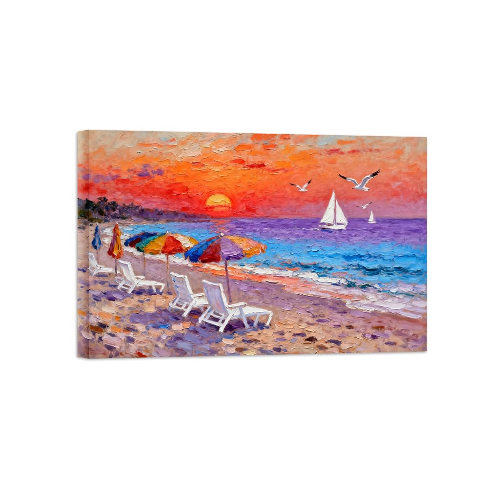 Ozpwbvy Wrapped Canvas Beach Sunset Landscape Canvas Wall Art Picture 80X120cm Framed