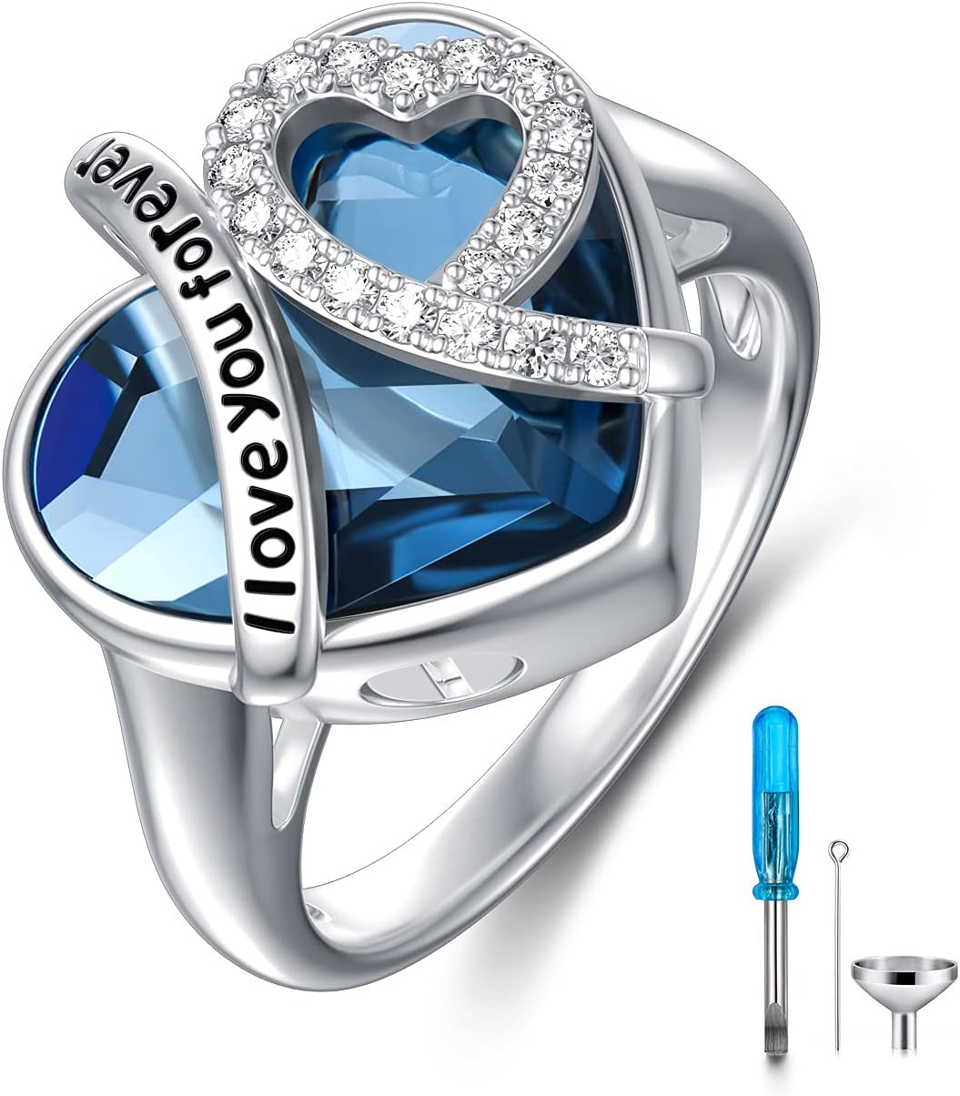 AOBOCO925 Sterling Silver I LOVE YOU FOREVER Heart Cremation Ring Holds Loved One's Ashes, Heart Urn Ring for Ashes for Women, Memorial Keepsake Jewelry Embellished with Crystals from Austria