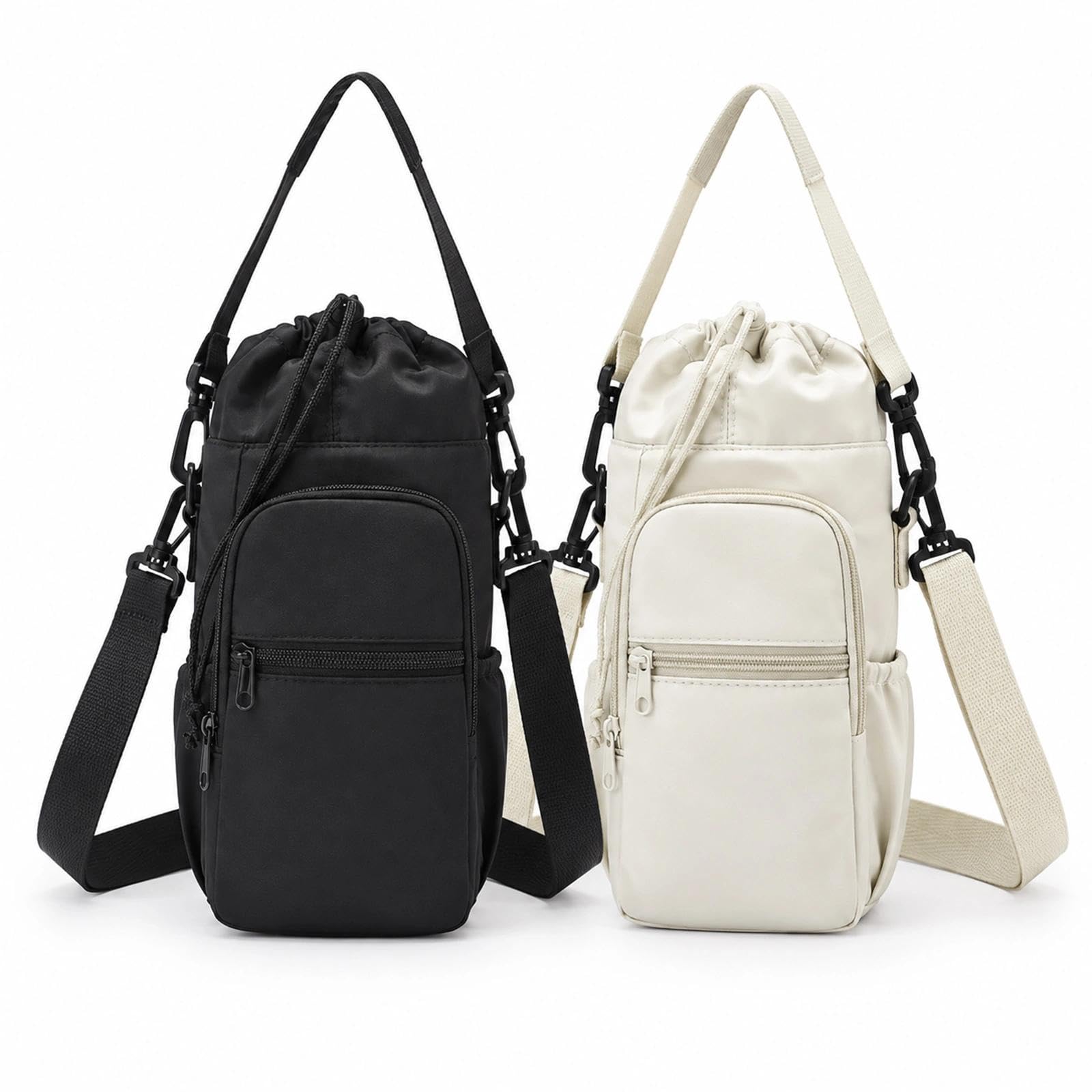 Water Bottle Carrier Bag, Nylon Bottle Holder with Strap, Black & Off White