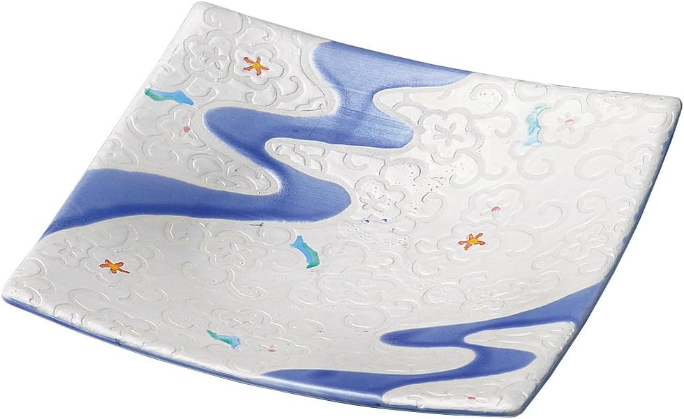 Yamashita Kogei 14052410 Medium Plate, White, 7.1 x 7.1 x 1.3 inches (18 x 18 x 3.3 cm), Blue Running Water Square Appetizer Plate