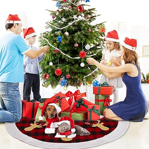 Garvee 48" Christmas Tree Skirt, Red Black Buffalo Plaid Christmas Tree Skirt, Xmas Tree Skirt with Reindeer Pattern for Holiday Party Indoor Decorations