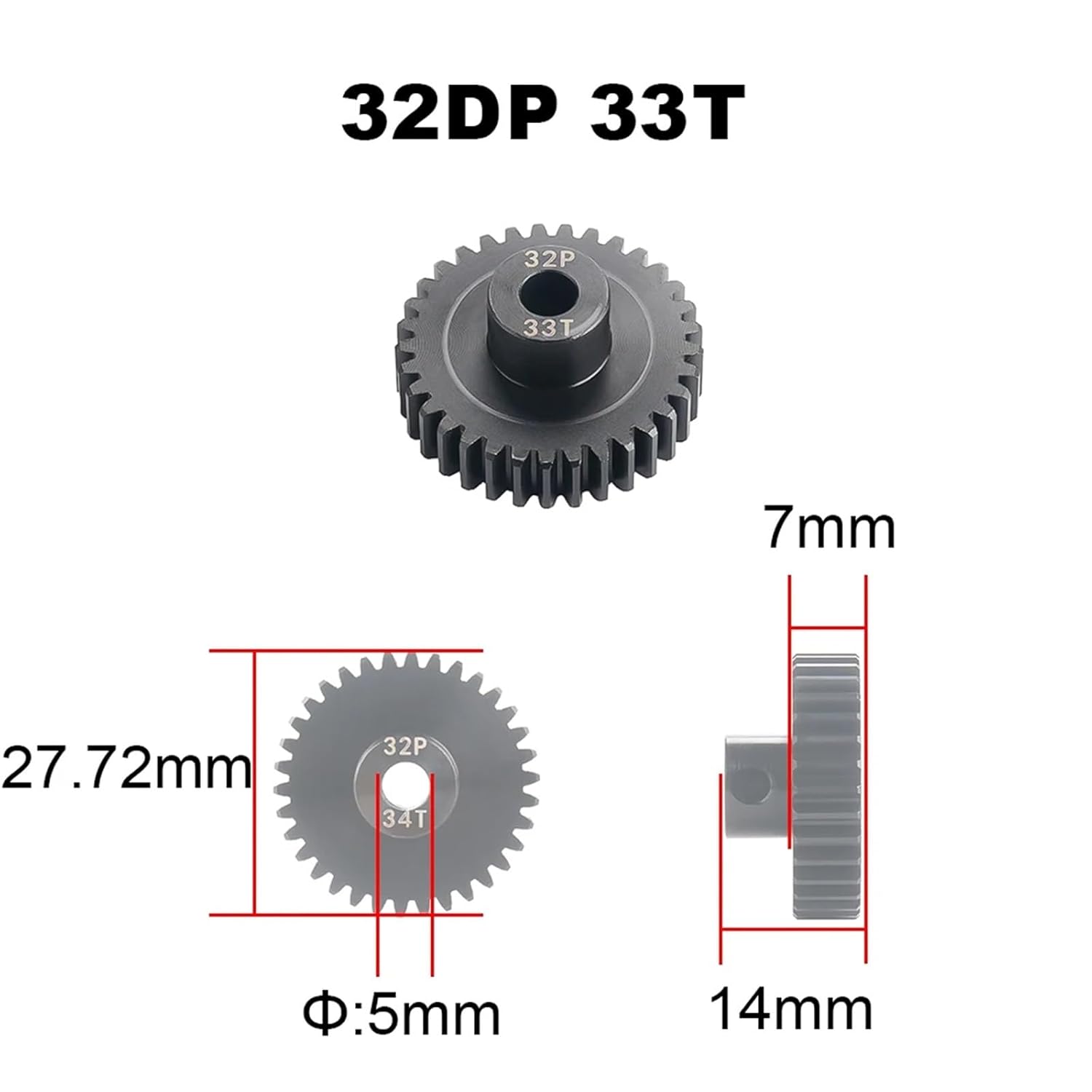 32P M0.8 5mm 11T 12T 13T 14T 15T 16T 17T 18T 19T 20T 21T Steel Metal Pinion Motor Gear 1Pcs(33T)