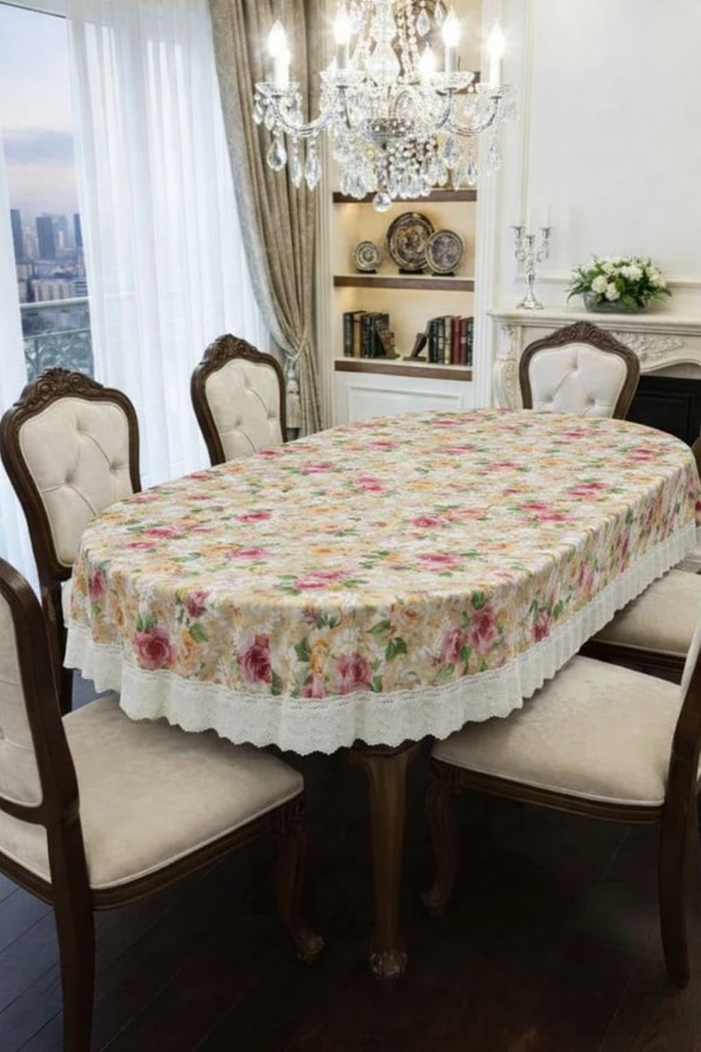 Oval Waterproof Table Cover for 6 Seater Dining Table, with Lace Border, 60x90 inches Dining Table Cover (Beige)-image-6
