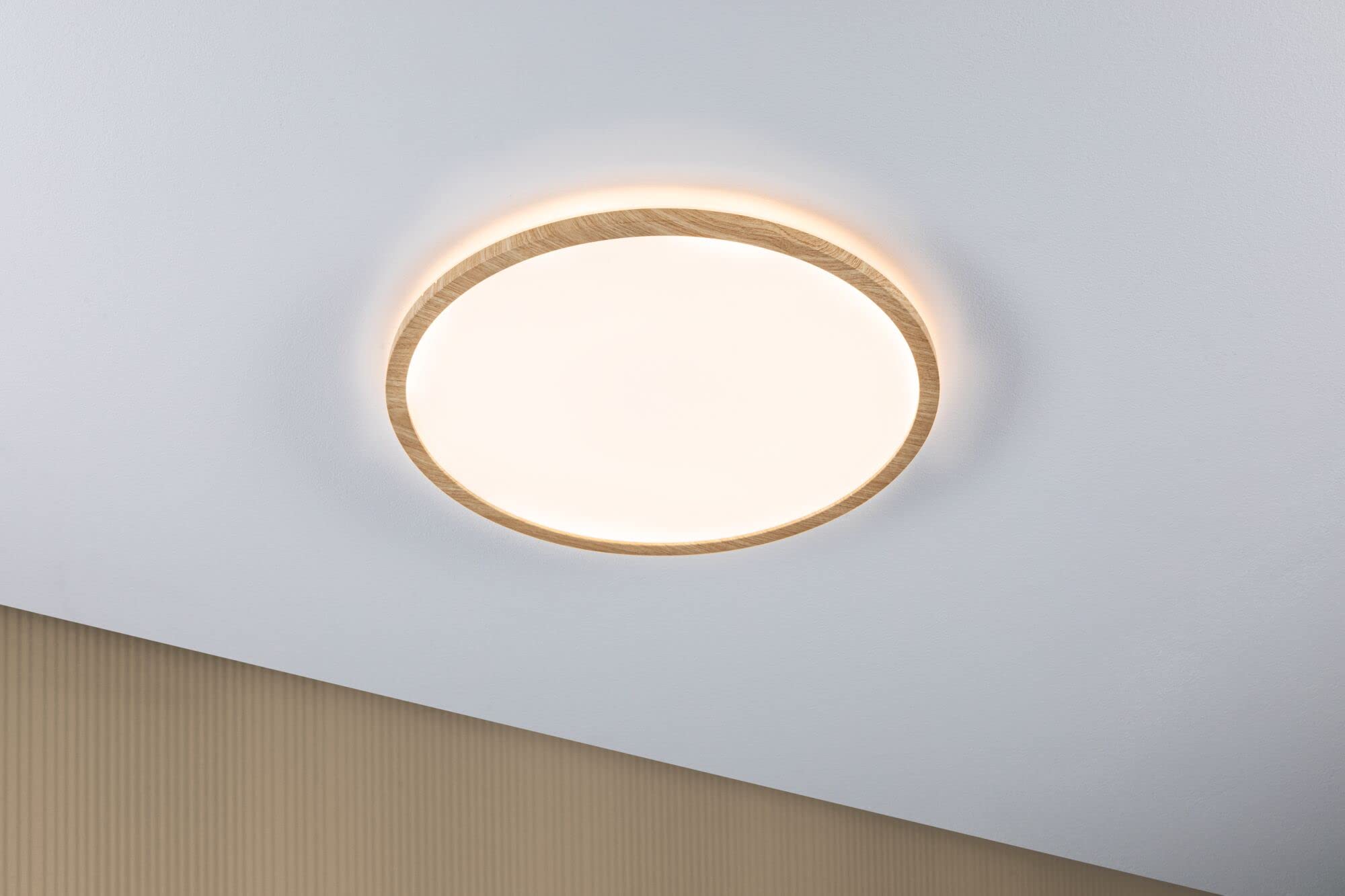 Paulmann 71029 Panel LED Atria Shine plafón con Backlight redondo IP44 22W 2300lm 420mm acabado madera plástico 3000K blanco cálido luminaria de baño
