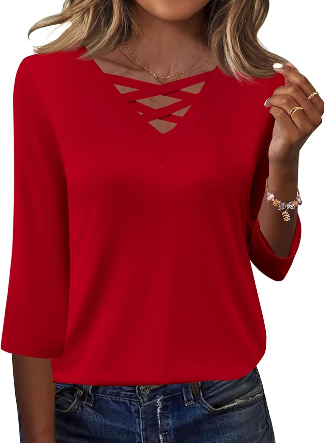 Rapbin Women Blouses Dressy Casual Spring Tops 3/4 Length Sleeve Womens T Shirts V Neck Criss Cross Tees