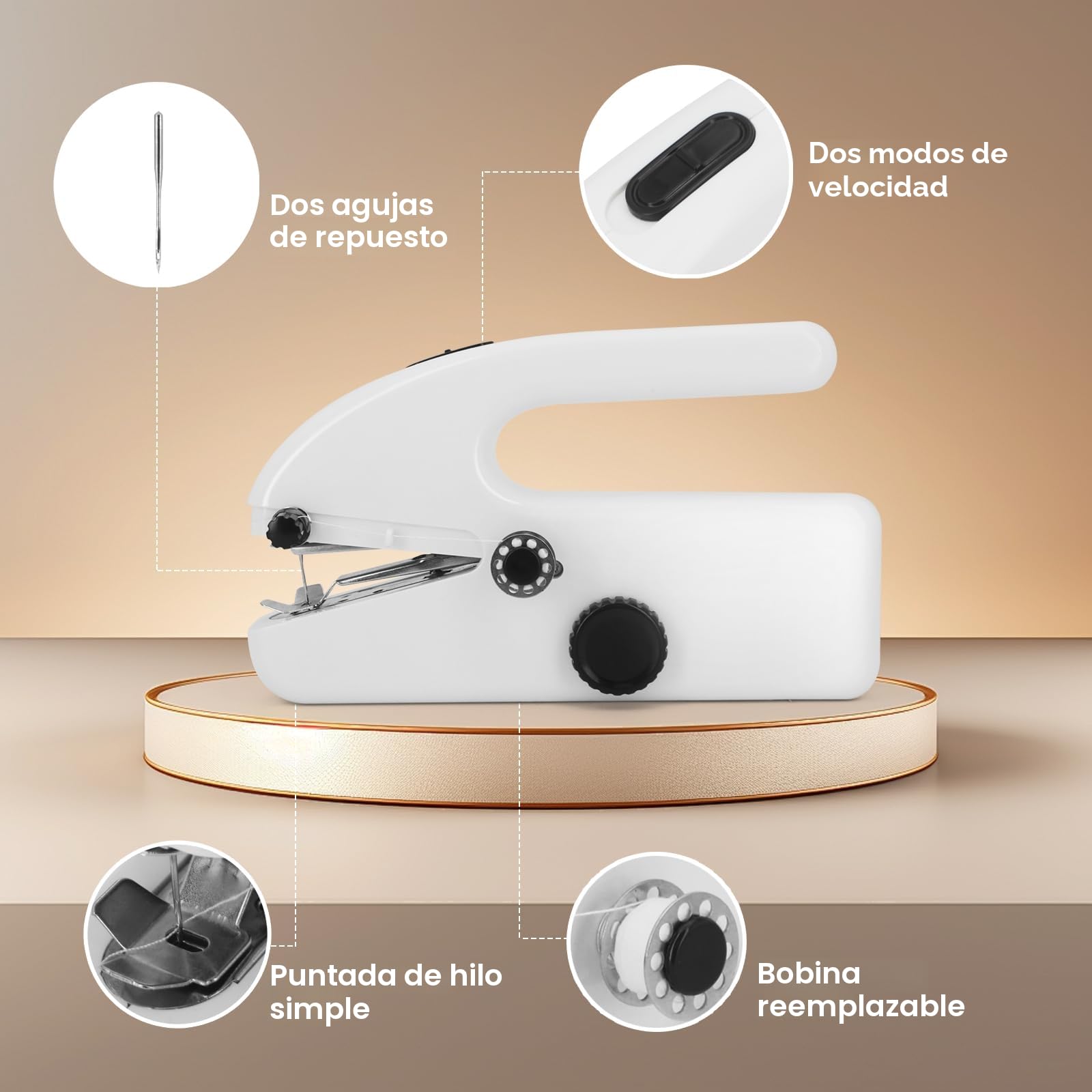 Máquina de Coser Mini Portátil Eléctrica, 2 Velocidades y Costura Rápida, Compacta, Ligera y Fácil de Usar, Ideal para Ropa, Telas y Viajes - Blanco