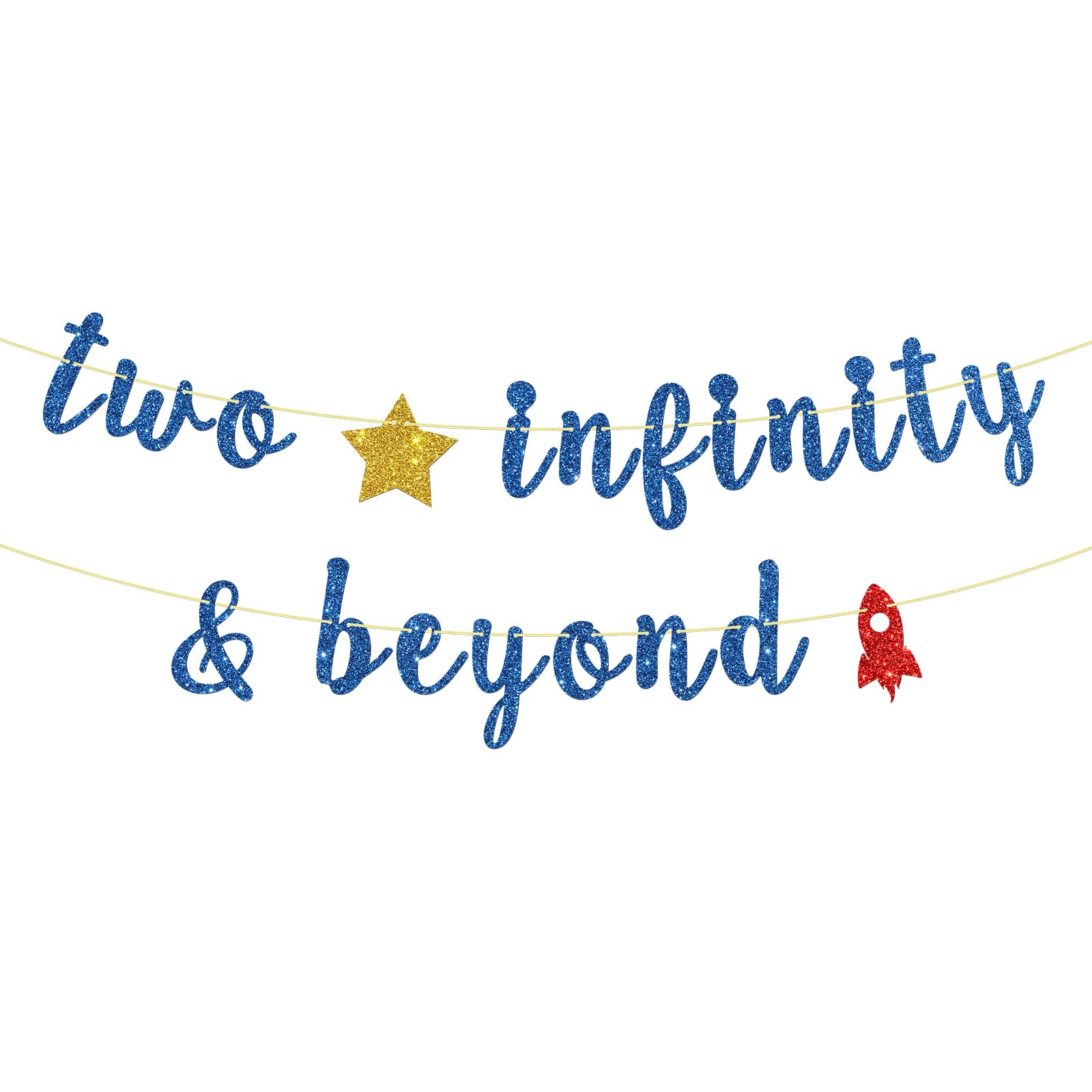 Two Infinity and Beyond Banner Kids 2nd Birthday Party Hanging Decor Cartoon Themed Out Space Two Second Birthday Party Decoration Supplies Glitter Blue