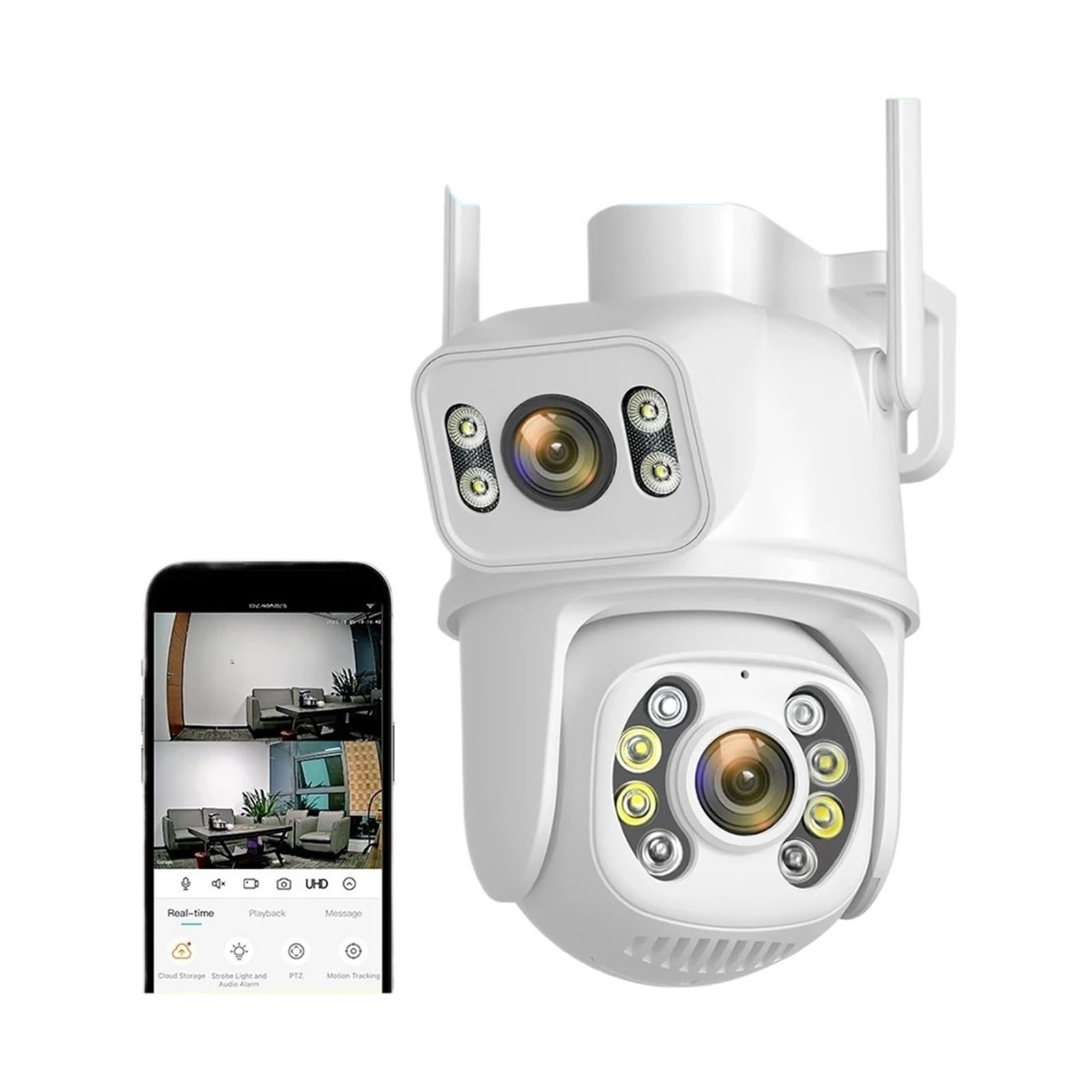 Telecamera di sicurezza, Telecamera PTZ 4K 8MP Doppia lente esterna 4MP Zoom digitale 4X AI IP con tracciamento automatico CCTV Audio Video Sorveglianza per la sicurezza domestica(4MP Add 64G SD Card)