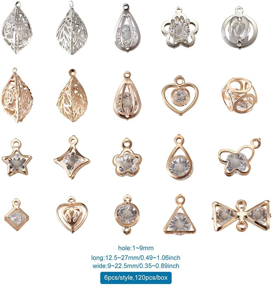120pcs Iron Rhinestone Pendant Charms Assorted Shape Metal Crystal Rhinestone Pendant Charm Links Connectors for DIY Bracelet Necklace Jewelry Crafts Making Hole: 1-9mm