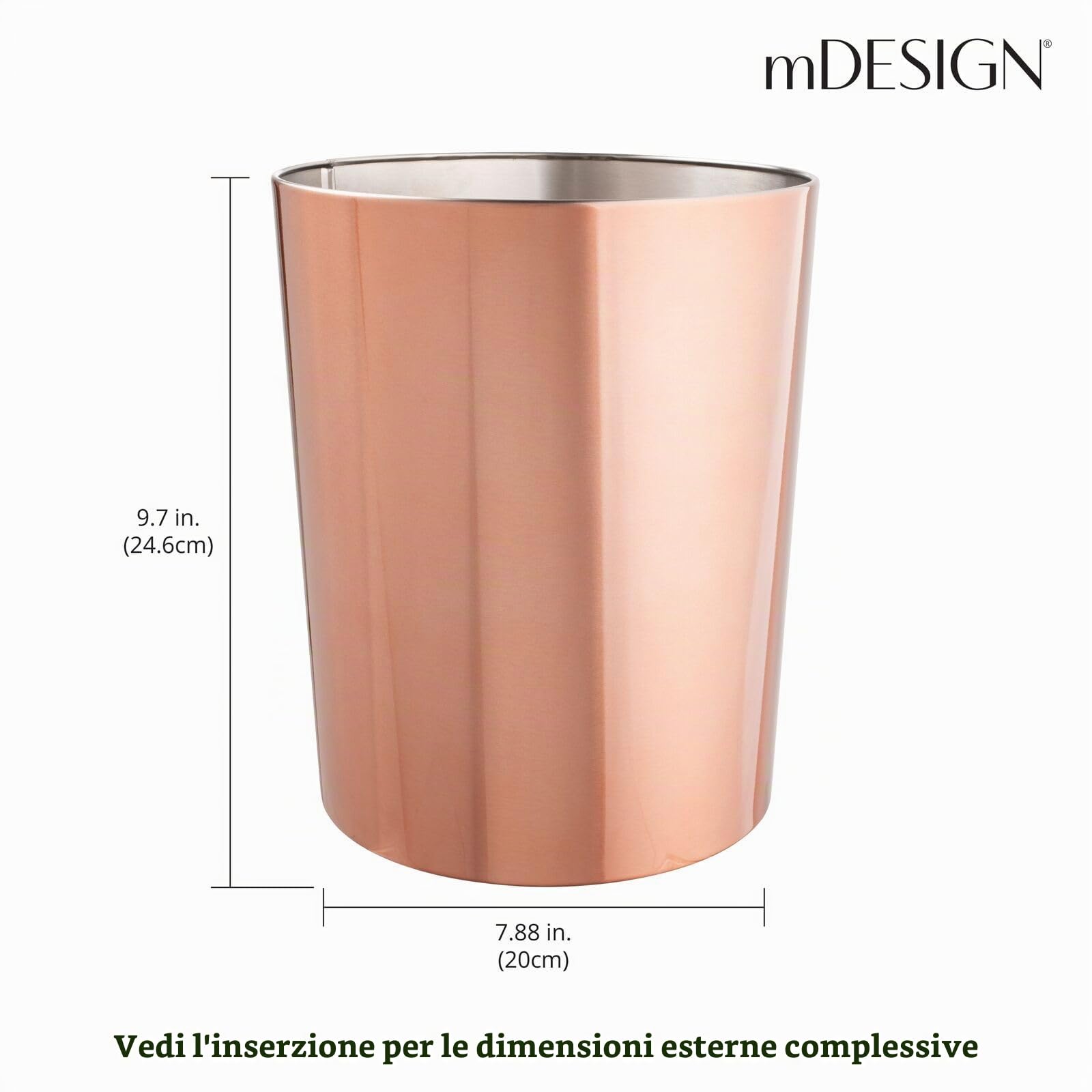 mDesign Pattumiera rotonda – Pattumiera compatta per bagno, cucina e ufficio con spazio sufficiente per la spazzatura – Cestino in metallo – oro rosa